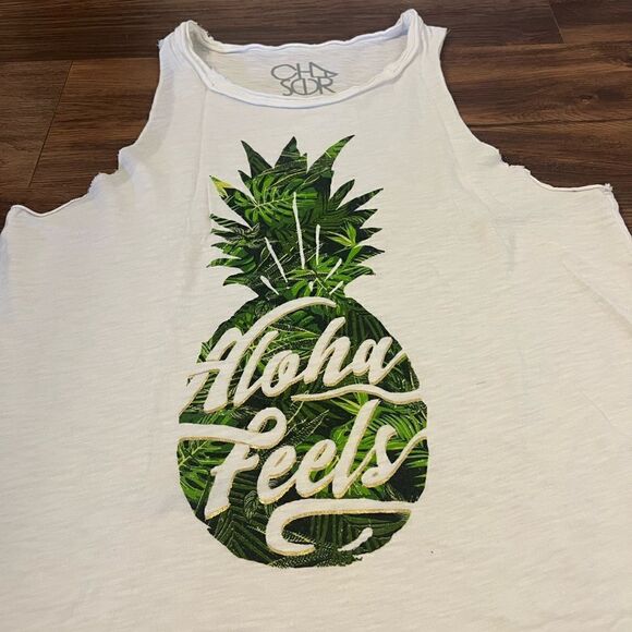 Chaser White “Aloha Feels” Pineapple Cutoff Tank Top - Picture 3 of 6